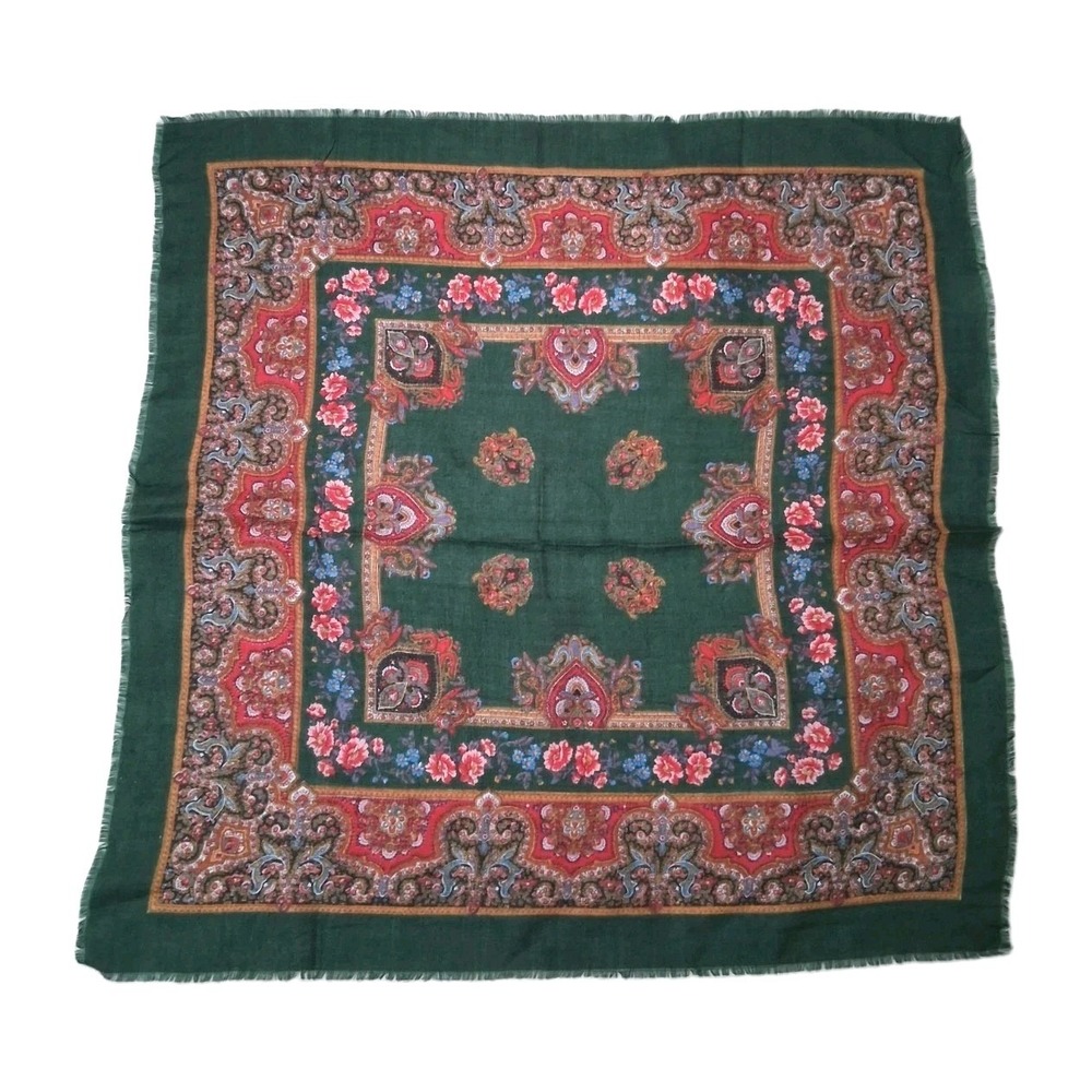 Vintage Glentex Green Floral Paisley Square Scarf 30" Fringed Acrylic Japan